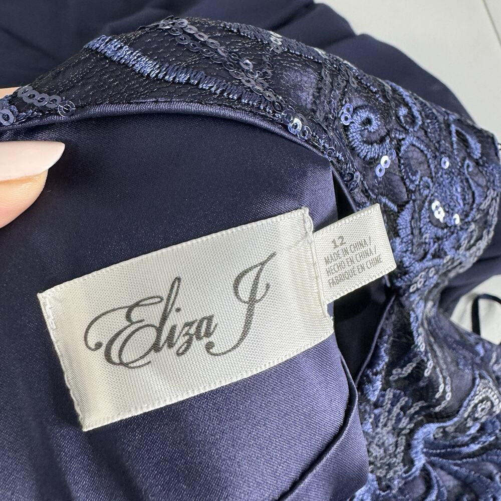 Eliza J Sequin Embroidered Chiffon Formal Gown Womens 12 Navy Maxi Dress Evening - Picture 10 of 16